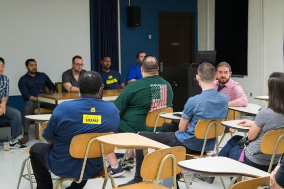 Military Transition Program students listen to former students during a Welcome Week panel.